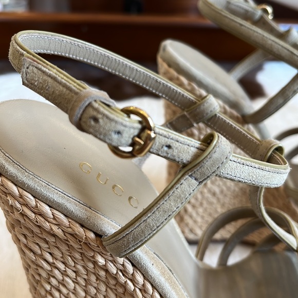 Gucci Beige Suede Caged Espadrille Wedge Sandals Sz 35.5 - Picture 4 of 12